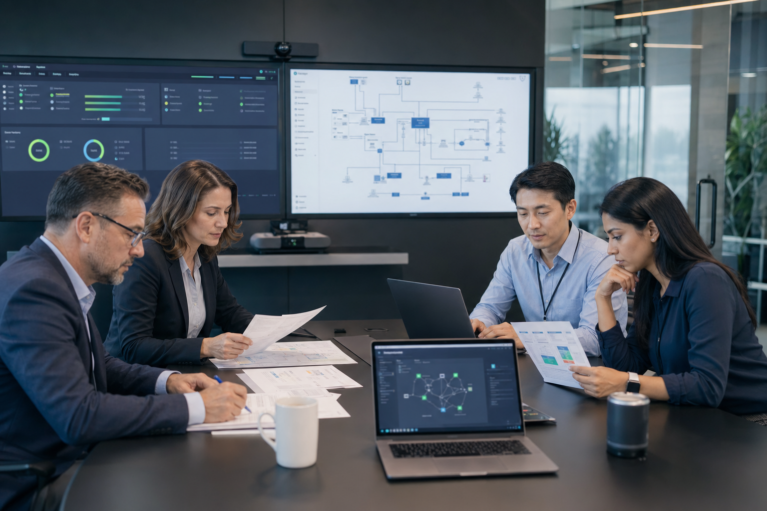 Equipo técnico revisando infraestructura y documentación tecnológica en entorno corporativo
