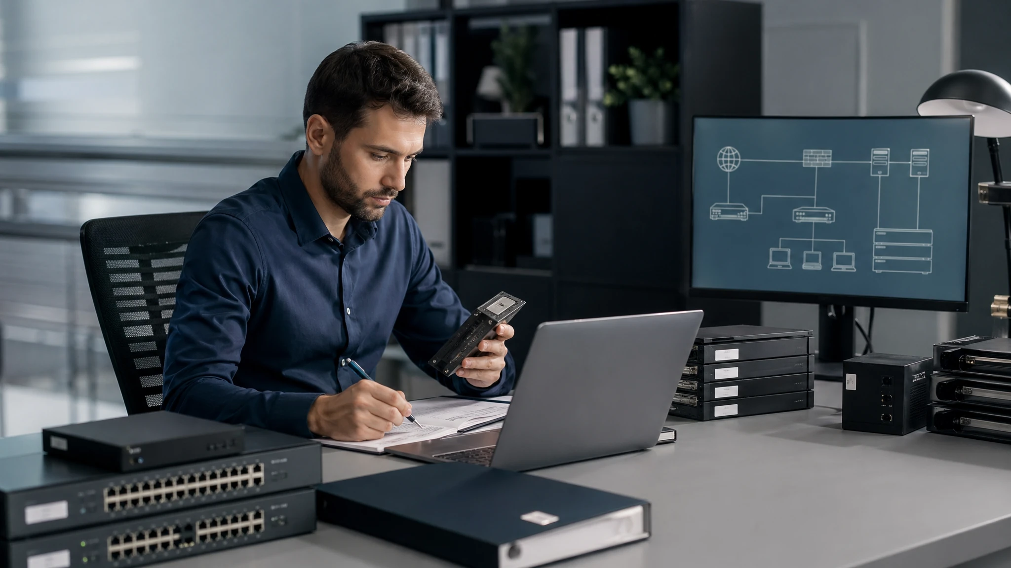 Técnico organizando inventario y documentación IT en una empresa